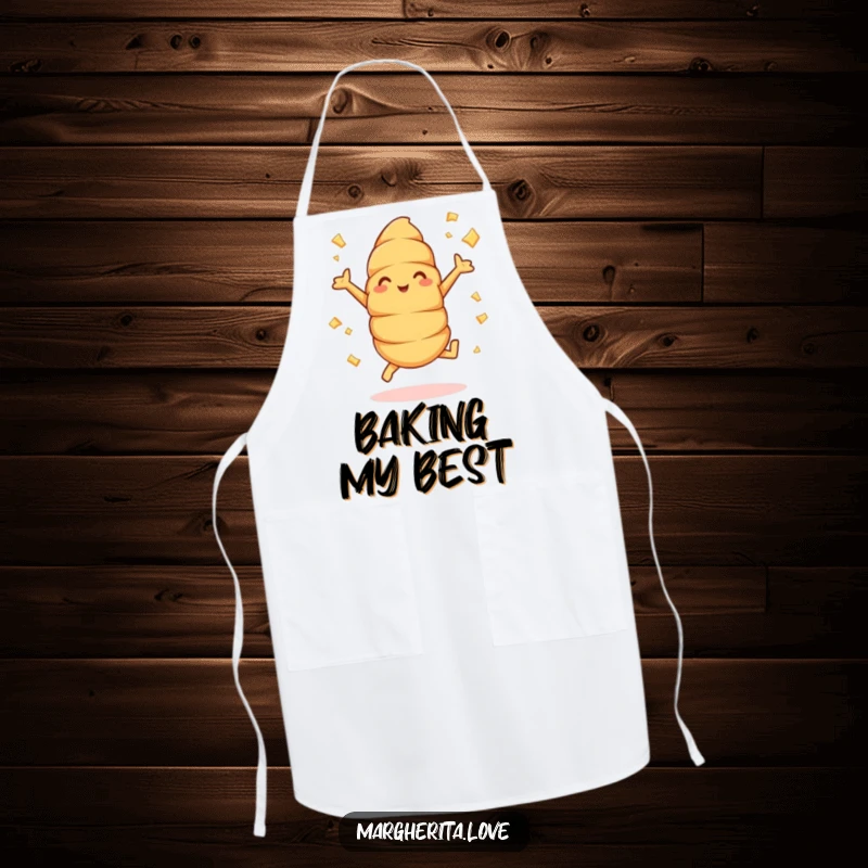 Funny croissant jumper apron showing a cheerful pastry doing jumping jacks, buttery flakes flying, ideal for kitchen use.