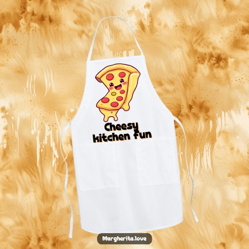 Funny apron featuring a happy pizza slice character sliding down a cheese strand, ideal for a humorous and delicious kitchen experience.