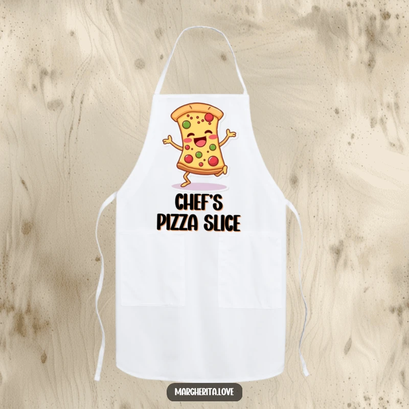 Funny pizza dancer apron showing a slice with legs doing a comedic dance, ideal for kitchen use and adding flavor.