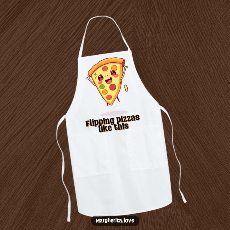 Funny apron graphic of a happy pizza slice with legs doing a cartwheel, bringing delicious humor to kitchen tasks, excellent funny gift.