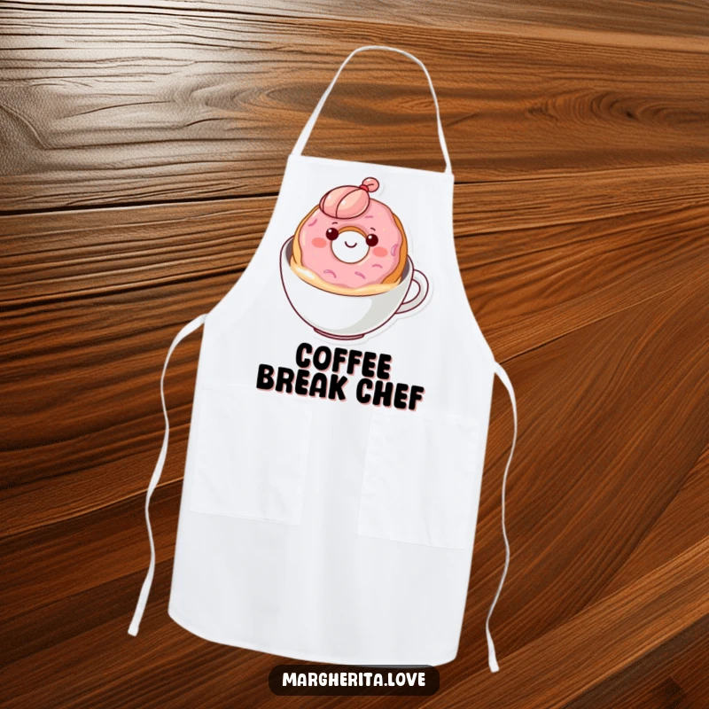 Funny donut coffee apron showing a happy donut floating in coffee, ideal for kitchen use and sweetening the cooking experience.