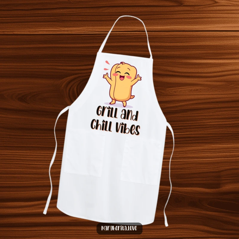 Funny apron featuring a giggling hot dog character doing a silly dance, ideal for cooking and as a humorous gift for food lovers.