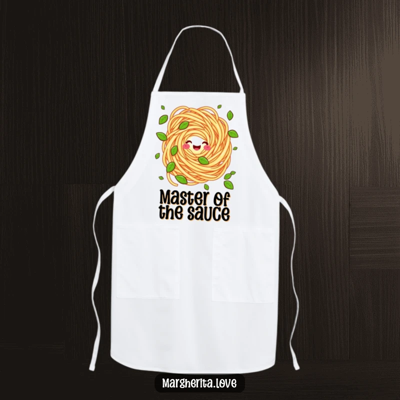 Funny apron adorned with a cheerful pasta swirl character expertly juggling basil leaves, ideal for a humorous cooking experience.