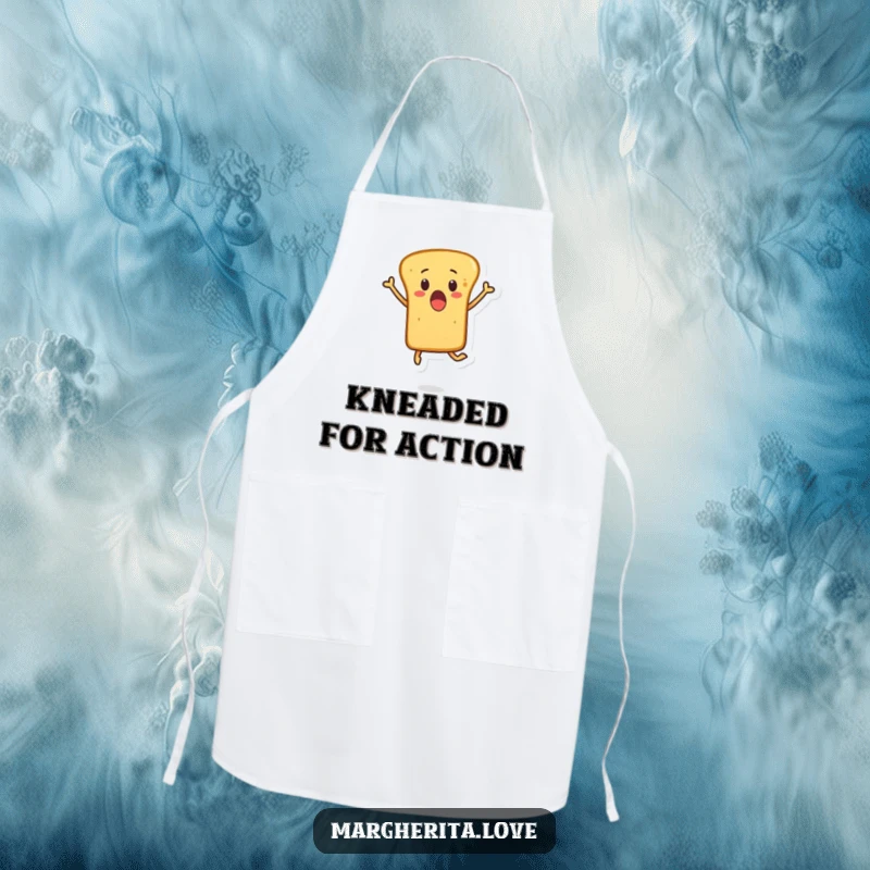 Funny apron adorned with a surprised breadstick character leaping into the air, ideal for a humorous and stylish baking experience.