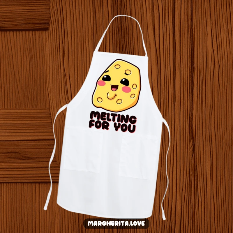 Funny slice of cheese happily melting on a practical and humorous kitchen apron.