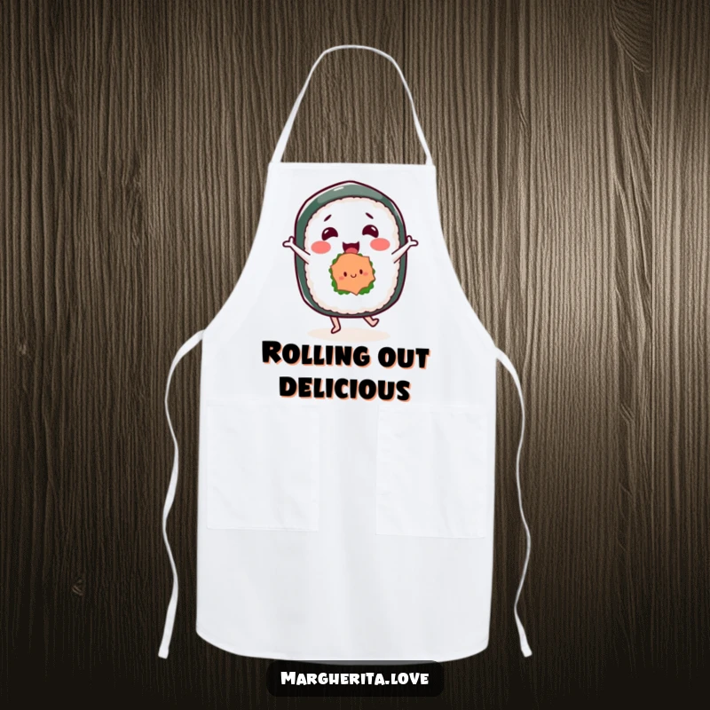 Funny apron adorned with a happy sushi roll character in a dance pose, ideal for a humorous and stylish cooking experience.