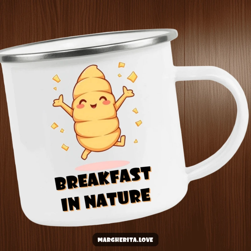 Funny croissant jumps camping mug featuring a cheerful pastry doing jumping jacks, buttery flakes flying, for outdoor use.