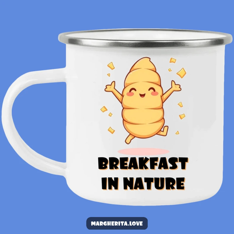 Funny Croissant Jumps Camping Mug: Flying Flakes Adventures, Great Outdoor Gift