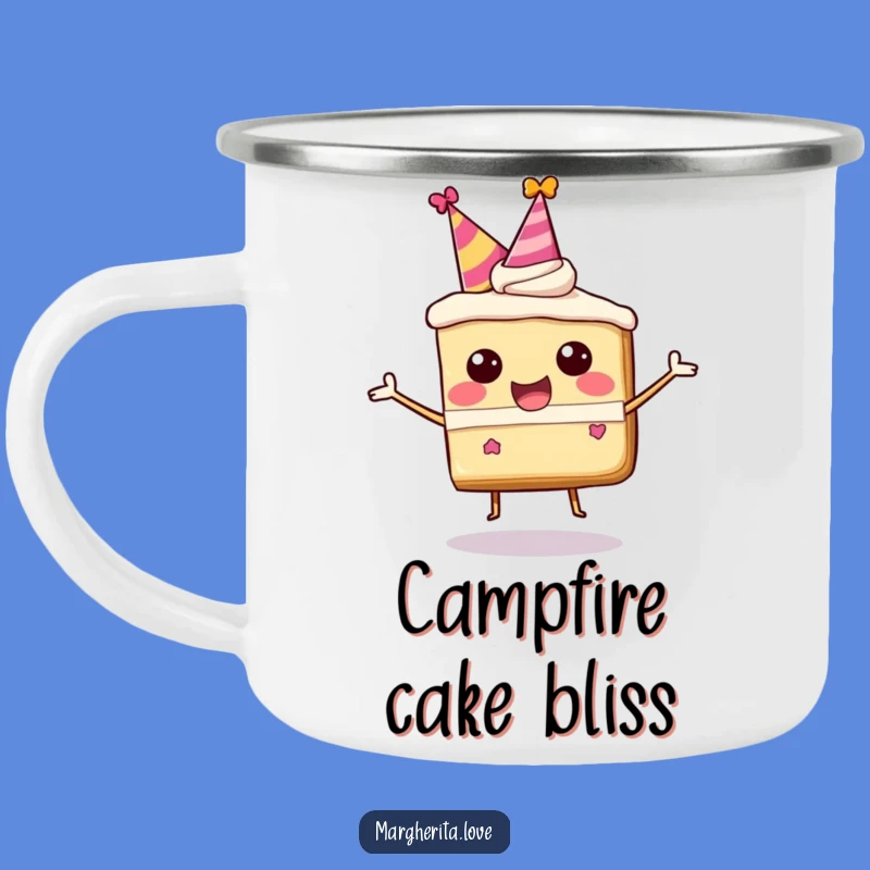 Funny Happy Cake Slice Camping Mug, Celebrate Outdoors with Sweetness