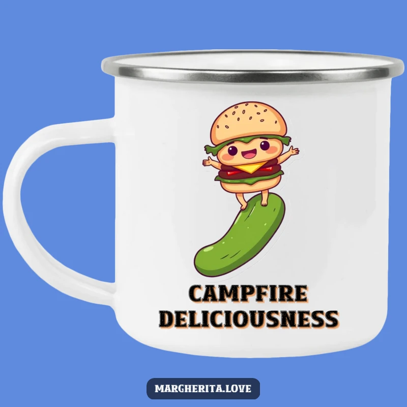 Funny Burger Pickle Camping Mug: Delighted Balancing Outdoor Fun