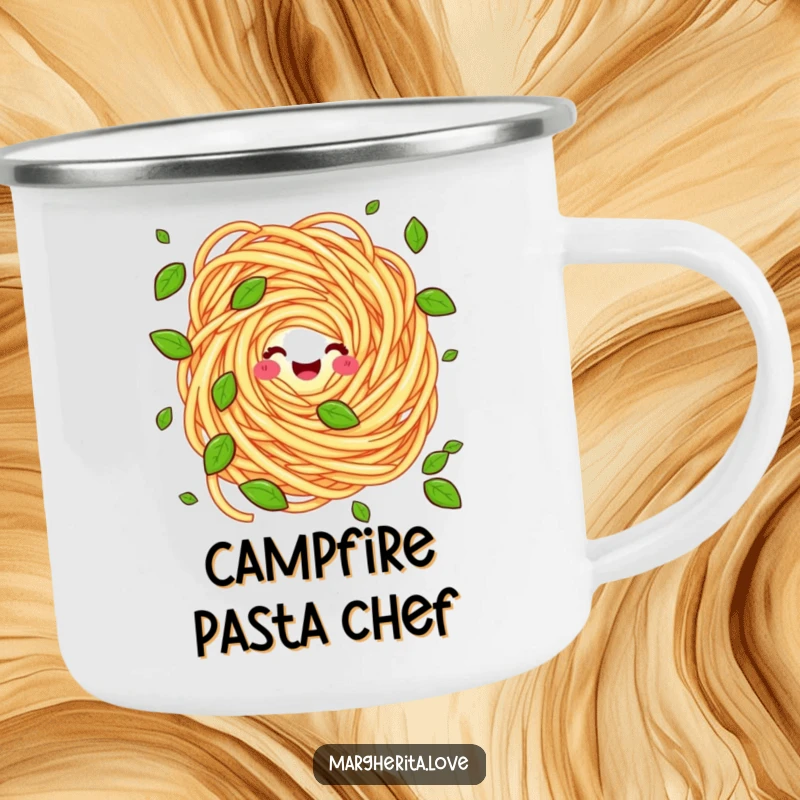 Funny camping mug showing a cheerful pasta swirl juggling basil leaves, perfect for enjoying beverages outdoors with a humorous twist.