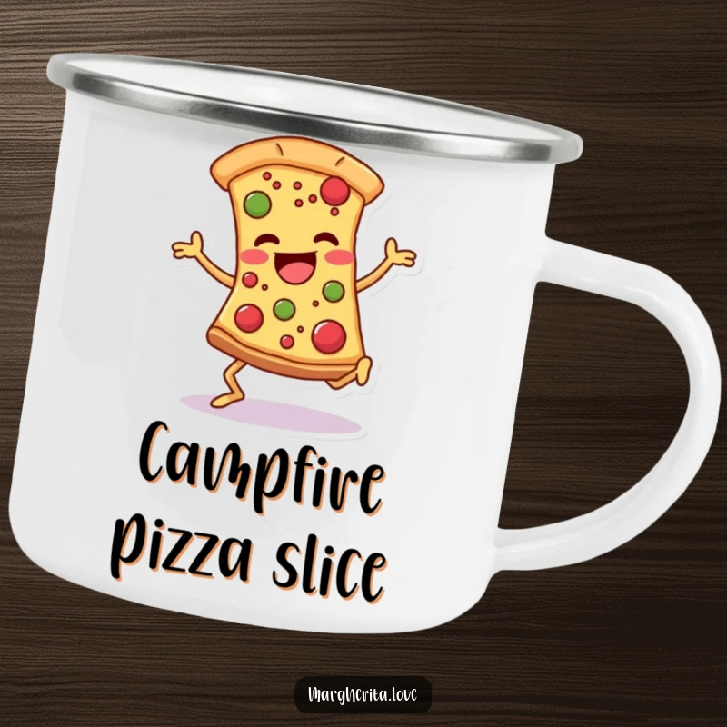 Funny pizza dancer camping mug featuring a joyful, dancing slice, designed for outdoor use and culinary smiles.
