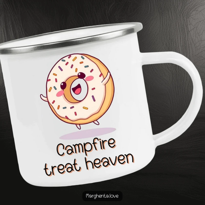 Funny camping mug featuring a giggling donut with sprinkles, doing a cartwheel, perfect for outdoor fun.