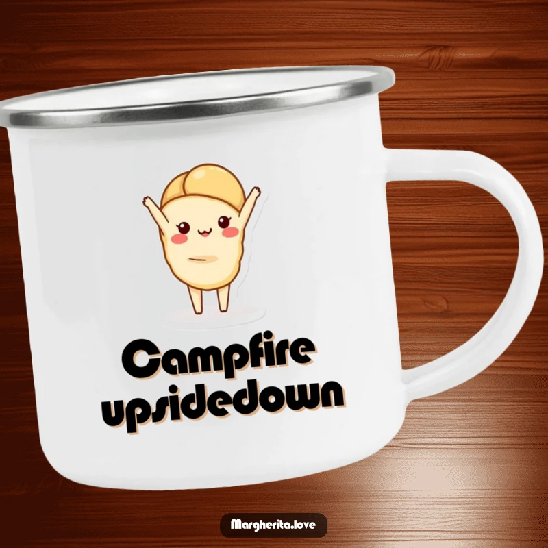 Funny camping mug showcasing a charming croissant character in a handstand, perfect for enjoying beverages during outdoor excursions.