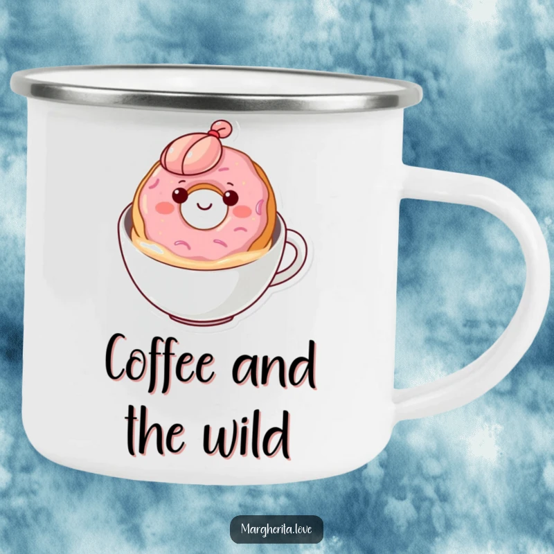 Funny donut coffee camping mug featuring a happy donut bobbing in coffee, designed for outdoor use and sweet enjoyment.