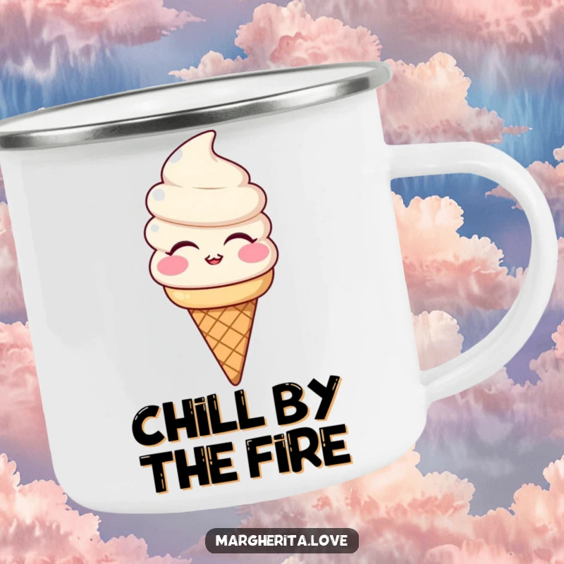 Funny camping mug with a smiling ice cream cone character blowing a kiss, perfect for outdoor enthusiasts and dessert lovers.