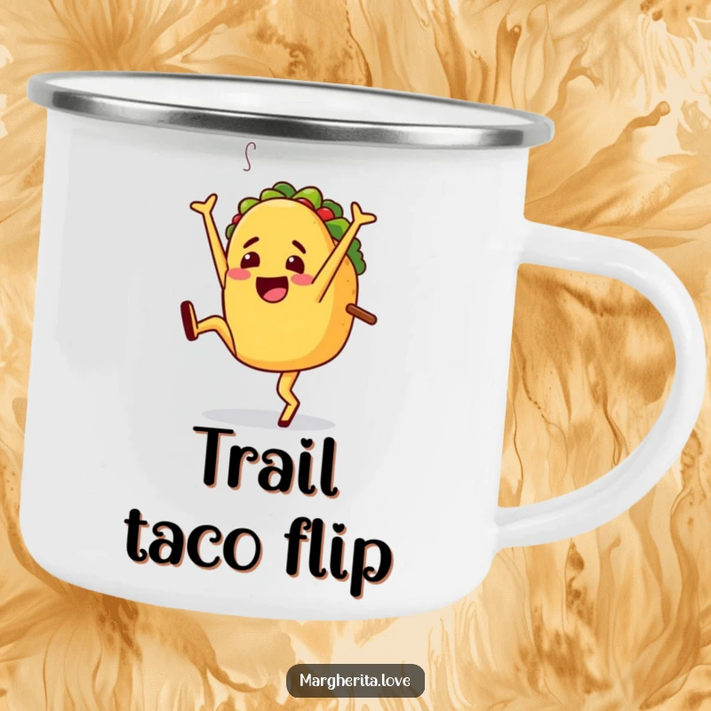 Funny camping mug showing a happy taco character doing a cartwheel, ideal for humorous, festive outdoor drinks.