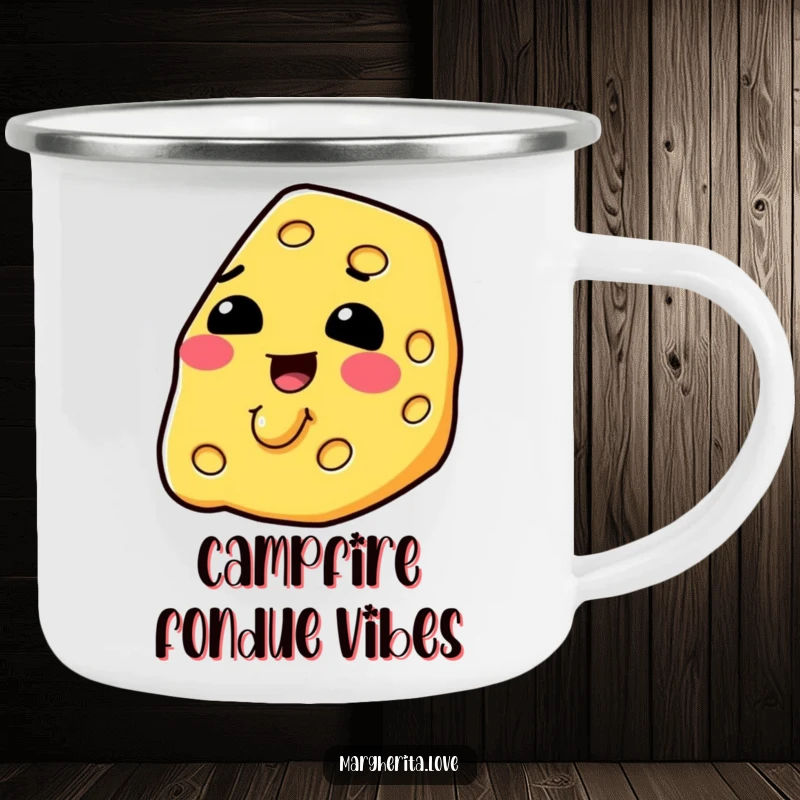 Funny slice of cheese melting happily on a durable camping mug, perfect for outdoor fun.