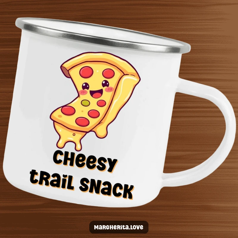 Funny camping mug showing a happy pizza slice character sliding down a cheese strand, ideal for humorous, delicious outdoor drinks.