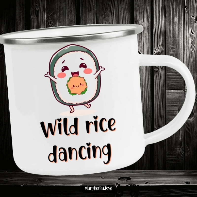 Funny camping mug showing a happy sushi roll character in a dance pose, perfect for enjoying beverages outdoors with a humorous twist.
