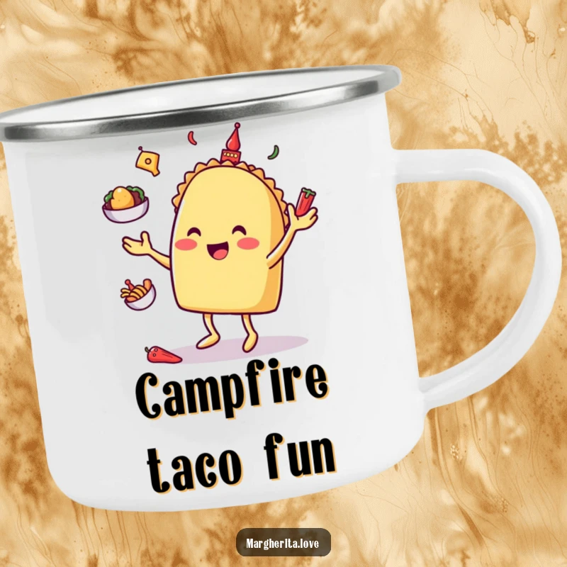 Happy taco character juggling toppings, designed for a sturdy and humorous camping mug for outdoor fun.