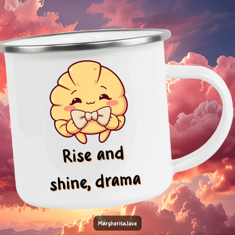 Funny camping mug with a curious croissant character in a dramatic, theatrical bow, perfect for outdoor enthusiasts and humor lovers.