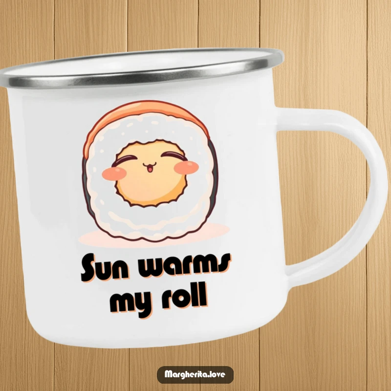 Funny contented sushi roll camping mug, a peaceful sushi roll enjoying warmth, perfect for outdoor relaxation.