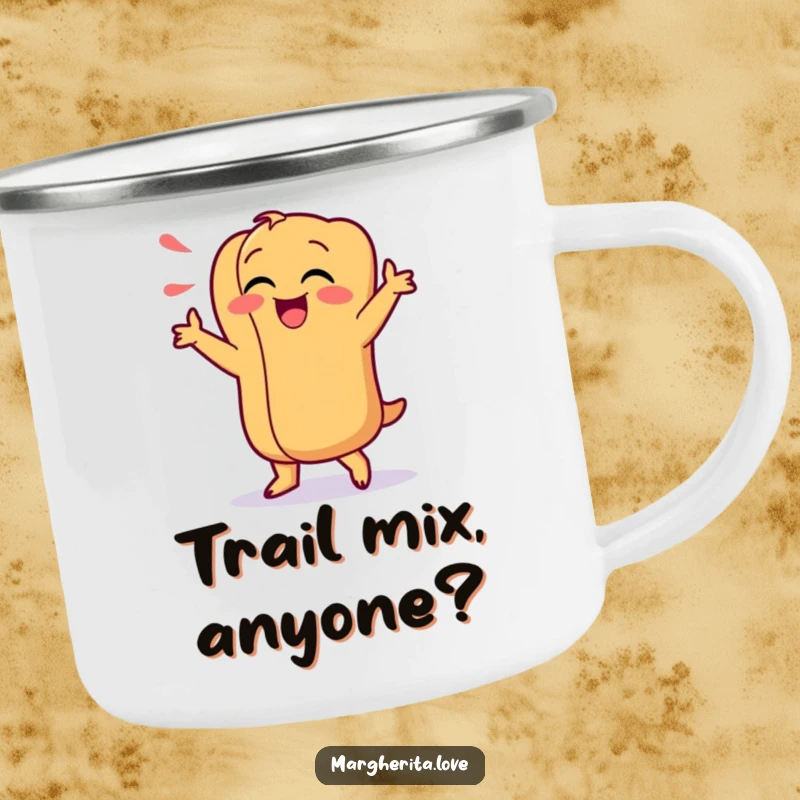 Funny camping mug with a giggling hot dog character doing a silly dance, a great gift for outdoor enthusiasts and humor lovers.