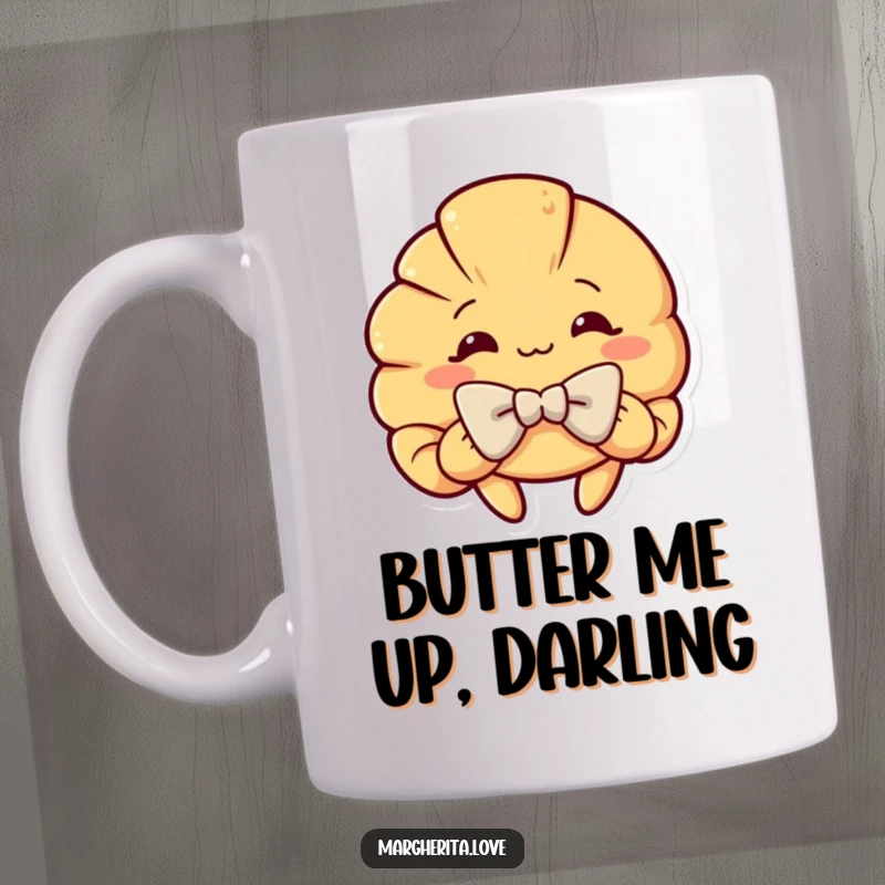 Funny mug featuring a curious croissant character performing an exaggerated, dramatic bow with elegance and humor, ideal for gifting.