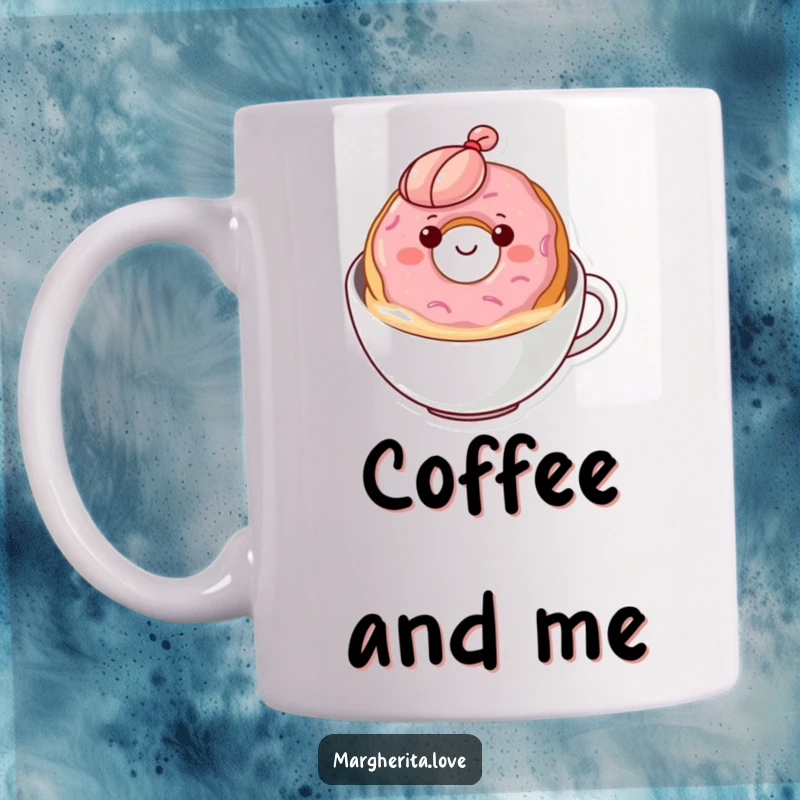 Funny donut coffee mug with a contented donut happily floating and bobbing in creamy coffee, showcasing morning bliss.