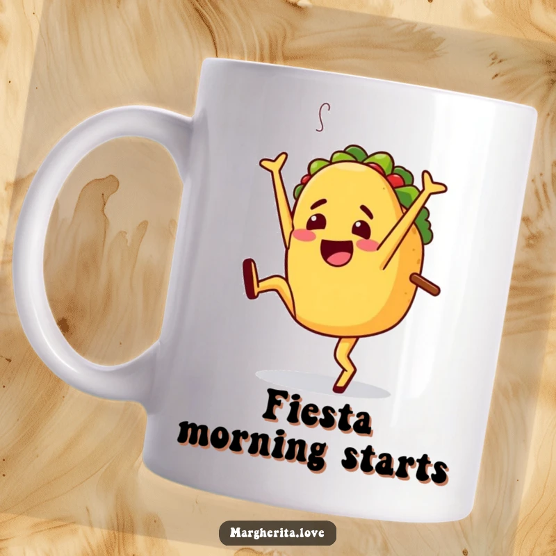 Funny mug featuring a jaunty taco character performing an energetic cartwheel with excitement, embodying pure fiesta spirit.