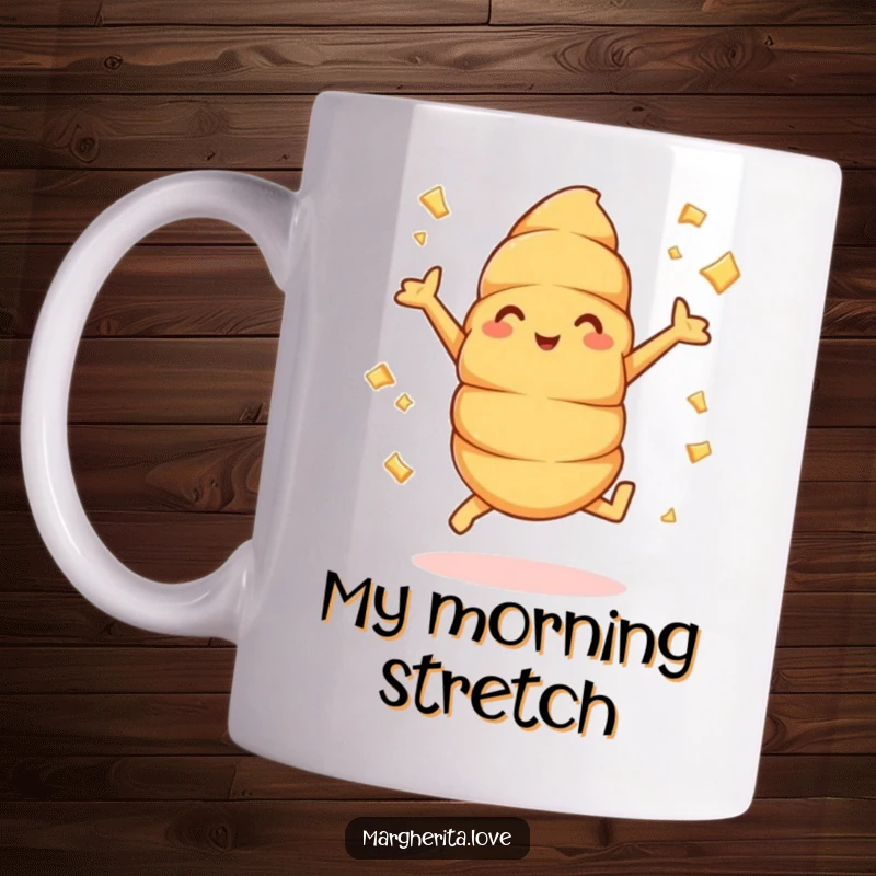 Funny croissant mug with a cheerful pastry character doing jumping jacks, buttery flakes flying, showcasing energetic breakfast fun.