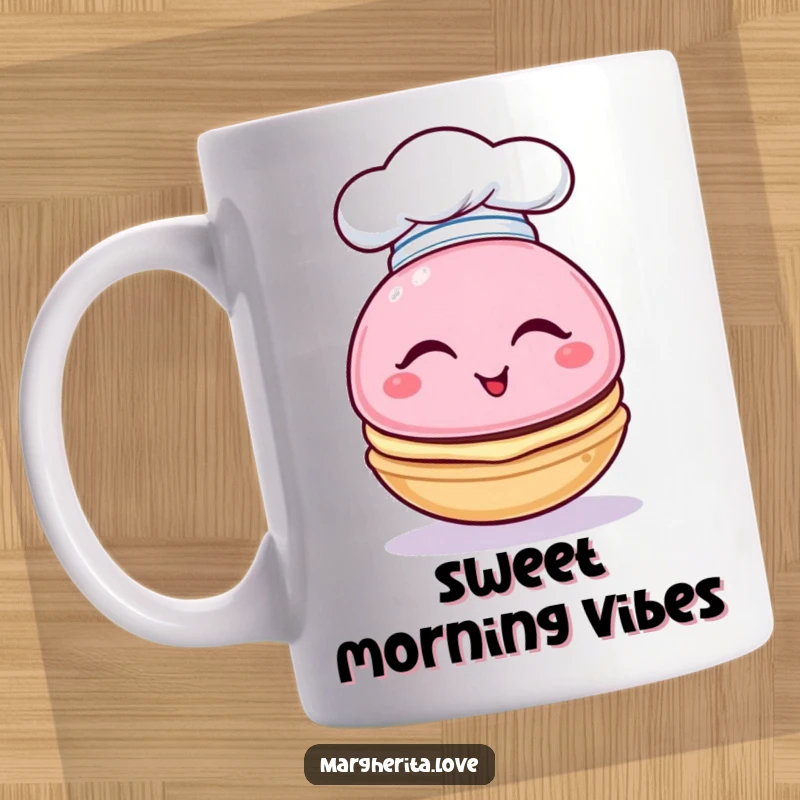 Funny mug featuring a playful macaron character winking charmingly while sporting a tiny, jaunty chef hat.