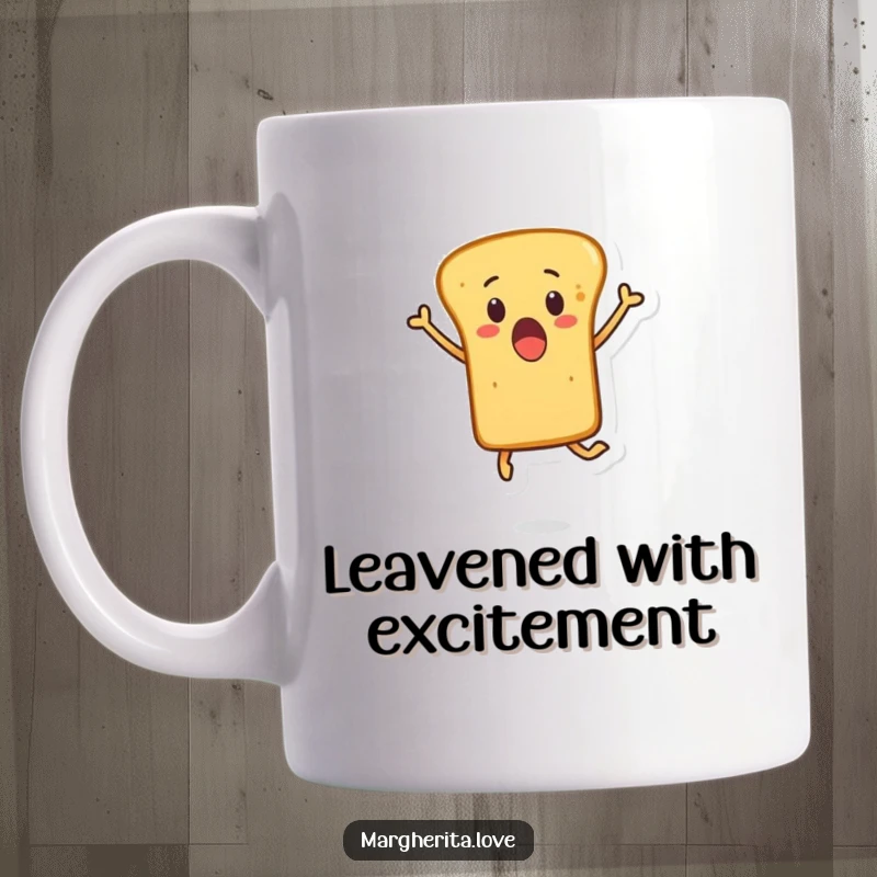 Funny mug featuring a cartoon breadstick character in mid-air leap, eyes wide with surprise, capturing a moment of hilarious excitement.