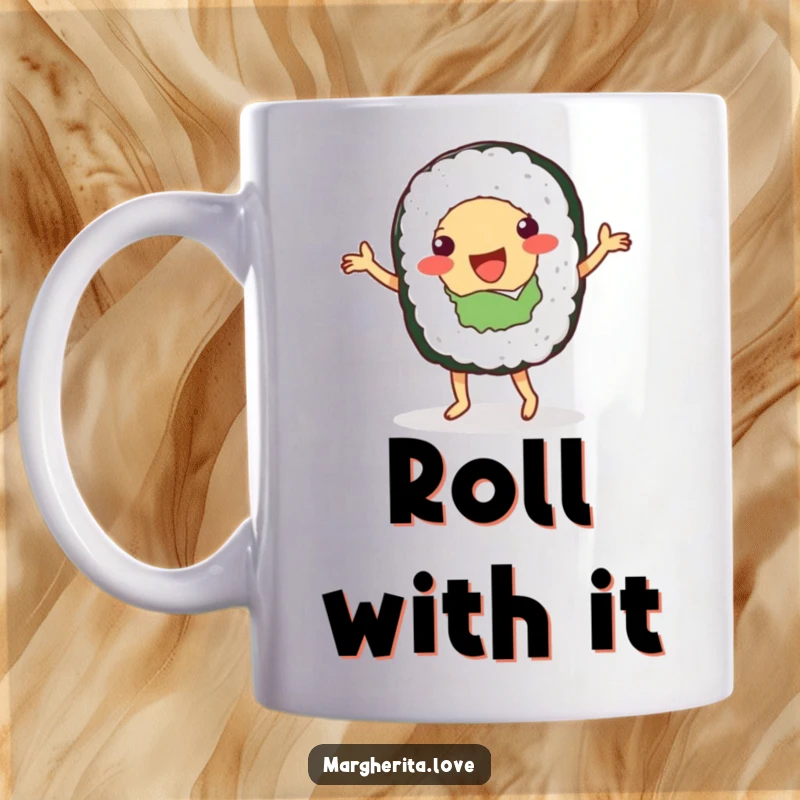 Funny mug featuring a happy sushi roll person enthusiastically doing a little dance with joyful abandon.