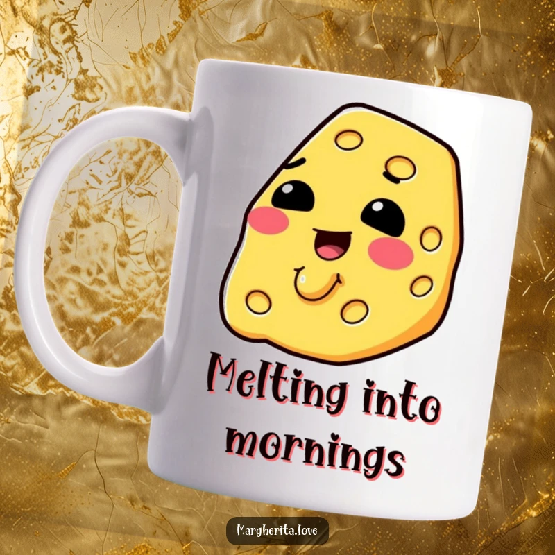 Funny determined slice of cheese melting with a happy expression, perfect for a coffee mug.