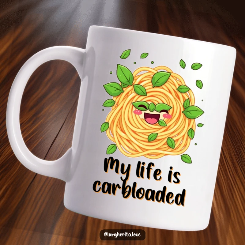 Funny mug featuring a cheerful pasta swirl energetically juggling vibrant green basil leaves, bringing culinary joy and humor.