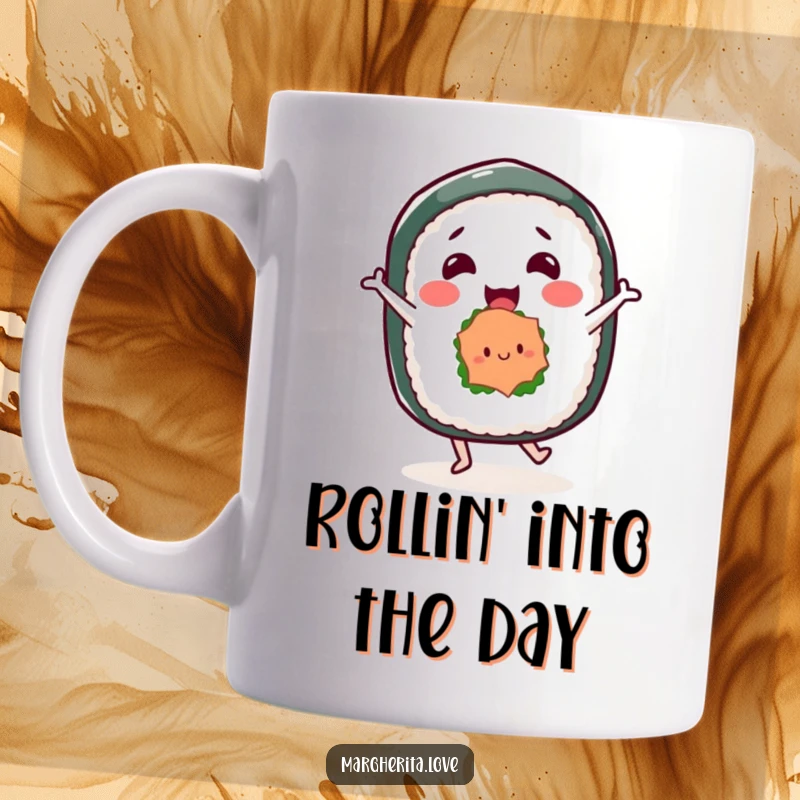 Funny mug featuring a happy sushi roll character in mid-dance, with soy sauce and wasabi, radiating pure, infectious joy.