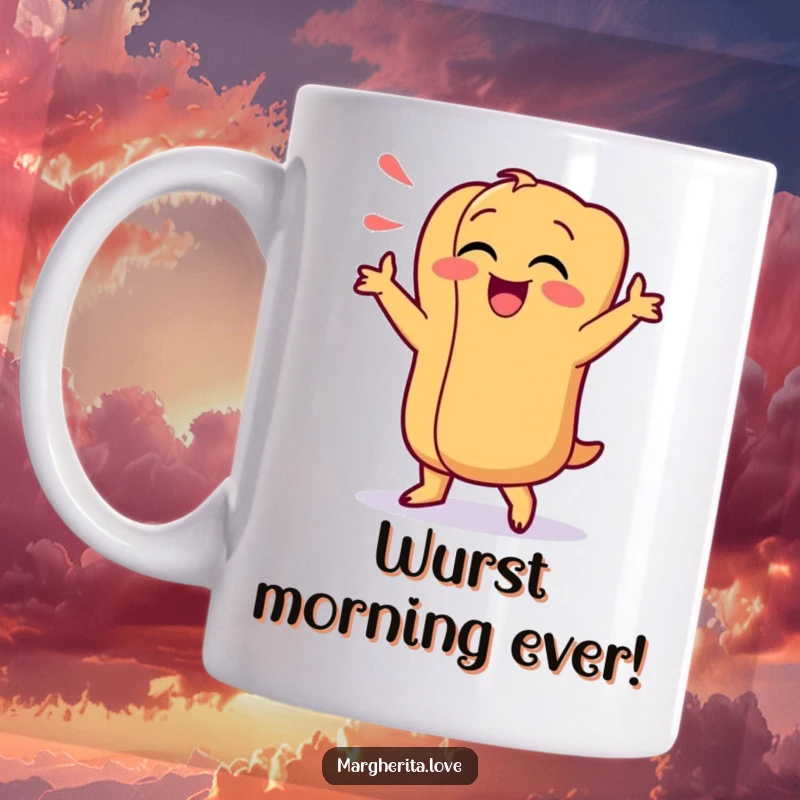 Funny mug featuring a giggling hot dog character performing a silly, energetic dance with a joyful expression, perfect for gifting.