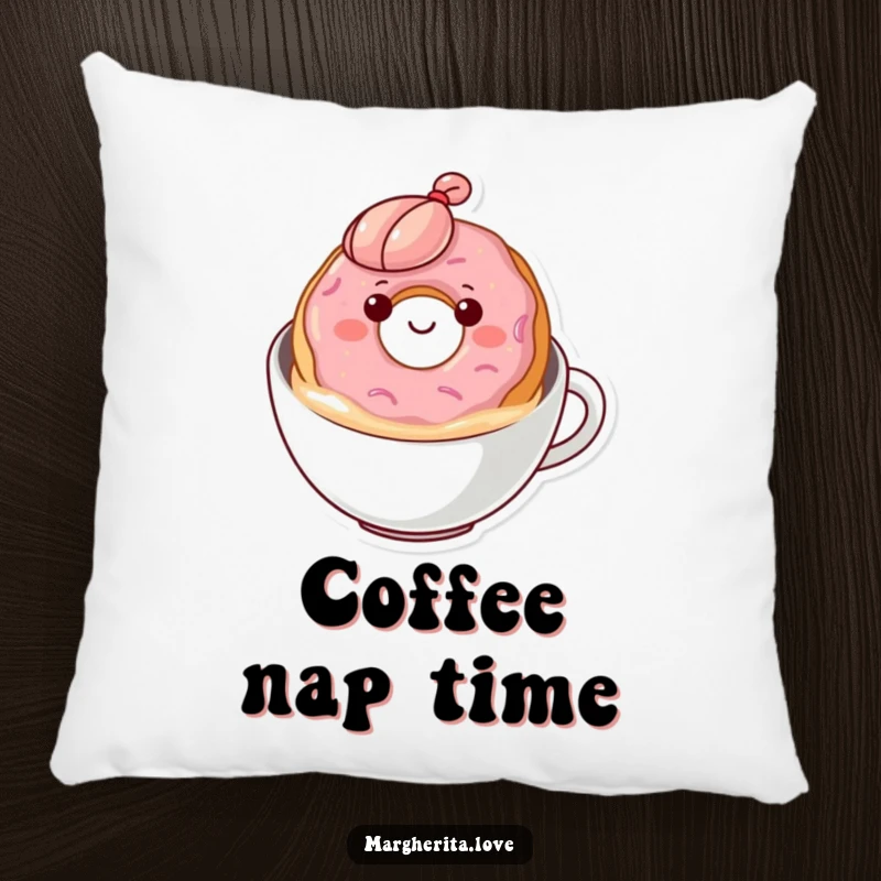 Funny donut coffee pillow with a design of a happy donut bobbing in coffee, offering comfort and a cheerful vibe.