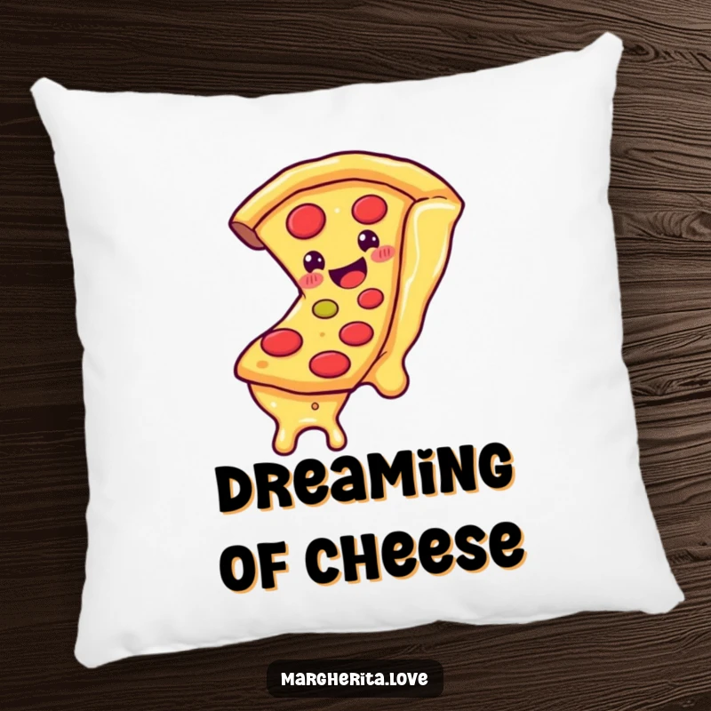 Funny pillow designed with a smiling pizza slice character sliding down a string of cheese, perfect for cozy, cheesy humor.