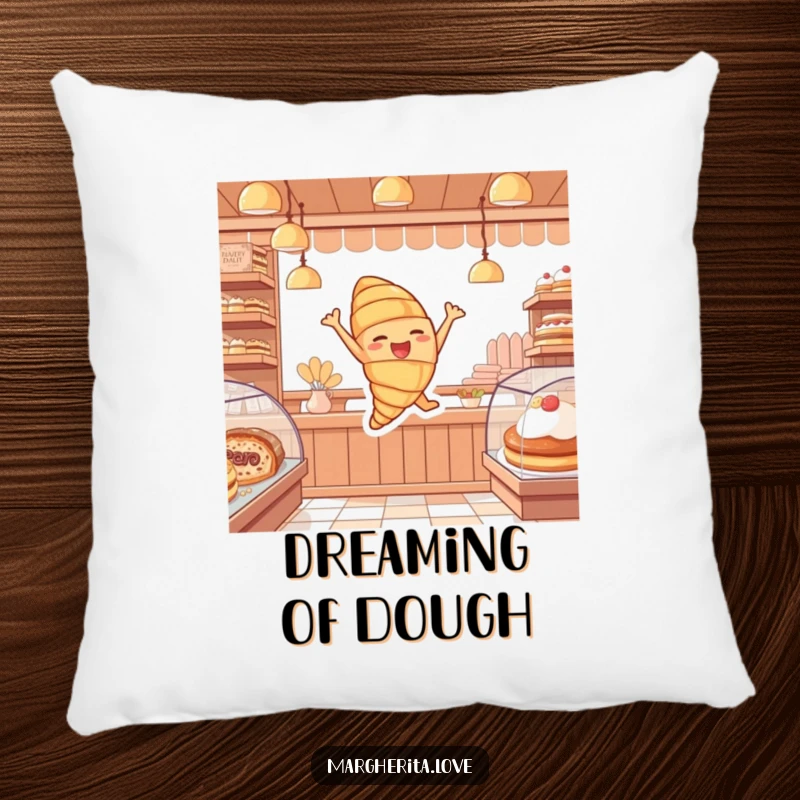 Funny pillow depicting a cheerful croissant character joyfully leaping, offering comfort and a sweet decorative touch.
