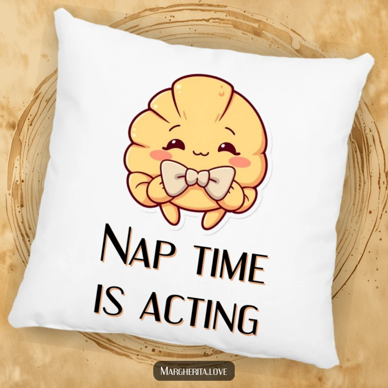 Funny pillow with a curious croissant character doing a grand, dramatic bow, offering comfort and humorous decor for sofas and beds.