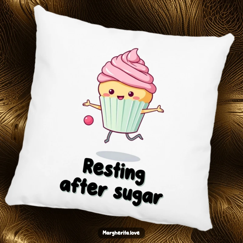 Funny pillow: A happy cupcake energetically skips rope, frosting flying, a cheerful and soft decorative item.