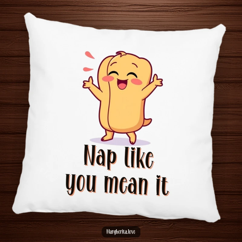 Funny pillow with a giggling hot dog character doing a silly dance, perfect for adding comfort and humorous decor to sofas.