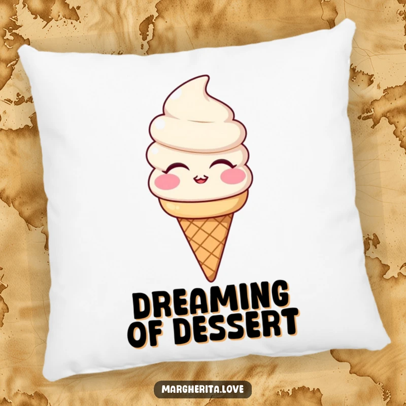 Funny pillow with a smiling ice cream cone character blowing a kiss, perfect for adding sweet comfort and humorous decor.