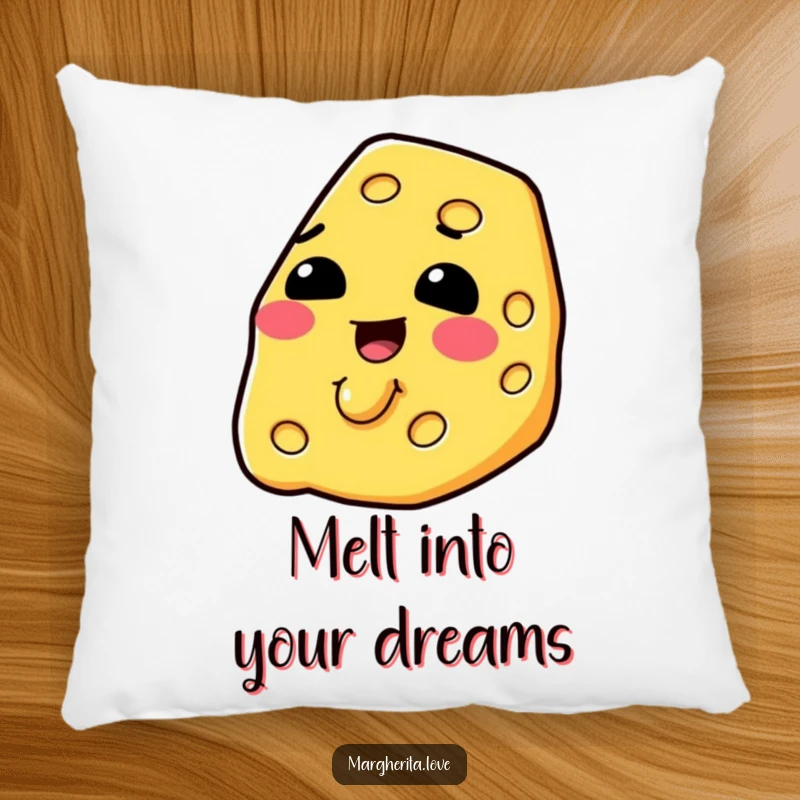 Funny slice of cheese melting happily, presented on a soft and cozy decorative pillow.