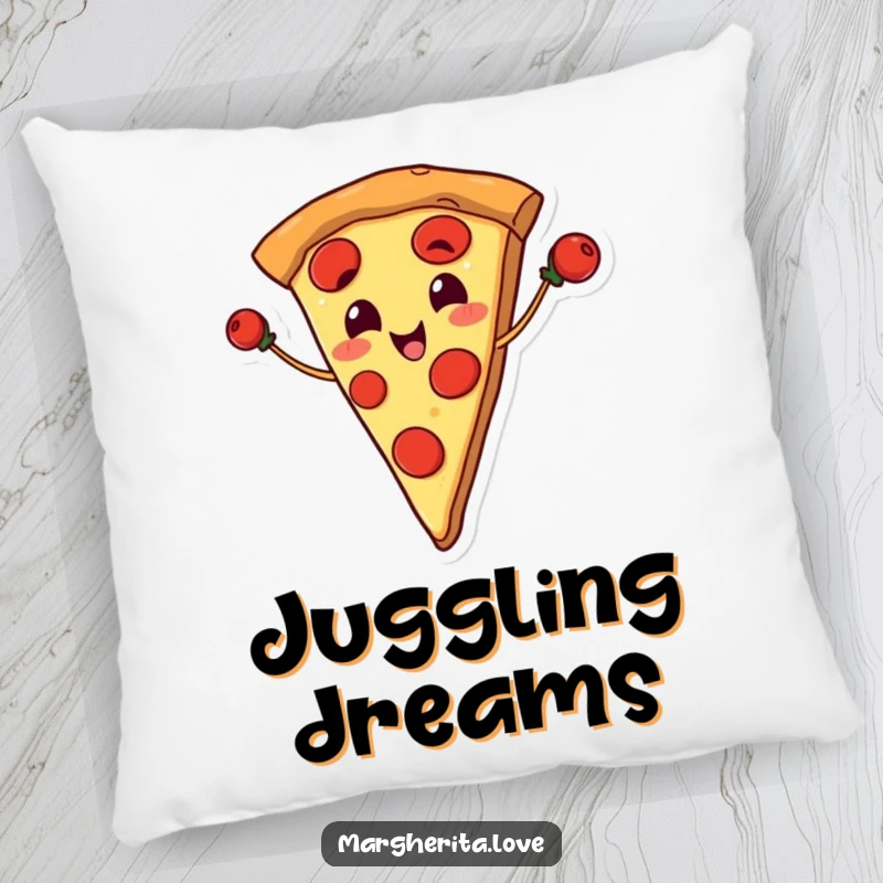 Funny pillow with a smiling pizza slice juggling pepperoni, perfect for cozying up and adding comfort.