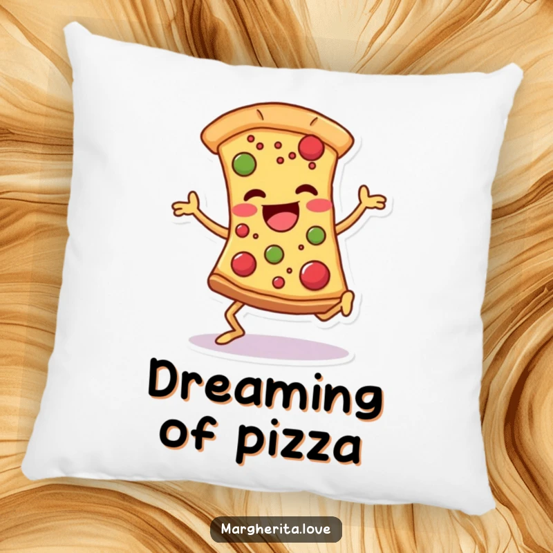 Funny pizza slice pillow featuring a dancing character with legs and toppings, offering comfort and comedic pizza charm.