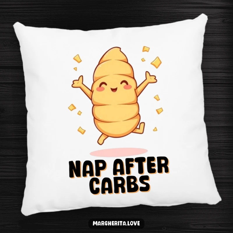 Funny croissant jumps pillow with a design of a cheerful pastry doing jumping jacks, buttery flakes flying, offering comfort and humor.